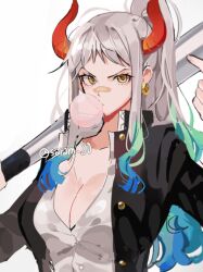 Rule 34 | 1girl, archived source, bad id, bad twitter id, baseball bat, blue hair, blowing bubbles, buttons, chewing gum, commentary, earrings, gakuran, green hair, high ponytail, holding, horns, jewelry, joman, korean commentary, long hair, looking at viewer, multicolored hair, one piece, orange eyes, ponytail, red horns, school uniform, shirt, sidelocks, simple background, solo, upper body, v-shaped eyebrows, white background, white hair, white shirt, yamato (one piece)
