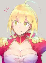 Rule 34 | 10s, 1girl, ahoge, bad id, bad twitter id, blonde hair, breasts, cleavage, epaulettes, fate/extra, fate (series), green eyes, grey background, large breasts, nero claudius (fate), nero claudius (fate), nero claudius (fate/extra), redrop, simple background, smile, solo
