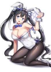 Rule 34 | 10s, 1girl, :o, adapted costume, alternate costume, animal ears, arm up, bare arms, bare shoulders, black hair, blue bow, blue bowtie, blue eyes, blue ribbon, blush, bow, bowtie, breasts, cenangam, cleavage, collarbone, covered navel, detached collar, dungeon ni deai wo motomeru no wa machigatteiru darou ka, fake animal ears, female focus, hair ribbon, hairband, head tilt, heart, hestia (danmachi), high heels, highres, kneeling, large breasts, leaning forward, leotard, long hair, looking at viewer, open mouth, pantyhose, pink lips, playboy bunny, rabbit ears, rei no himo, ribbon, shoes, simple background, skindentation, solo, strapless, strapless leotard, twintails, very long hair, white background, white footwear, white leotard, white ribbon, wrist cuffs