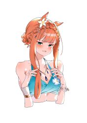 1girl absurdres animal_ears bikini blue_bikini blue_eyes blush bracelet braid breasts commentary_request crown_braid ear_covers ear_ornament hair_bun highres horse_ears horse_girl jewelry necklace official_alternate_costume official_alternate_hairstyle orange_hair sarabure sidelocks silence_suzuka_(emerald_on_the_waves)_(umamusume) silence_suzuka_(umamusume) simple_background small_breasts solo swimsuit umamusume upper_body white_background