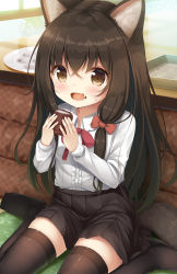 Rule 34 | 1girl, animal ear fluff, animal ears, black hair, black thighhighs, blush, bow, brown eyes, crossed bangs, eating, fang, highres, long hair, looking at viewer, open mouth, original, pleated skirt, psyche3313, red bow, sitting, skin fang, skirt, solo, tail, thighhighs, wariza