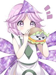 Rule 34 | 1other, androgynous, bare shoulders, burger, cowboy shot, eating, food, highres, japanese clothes, len&#039;en, ougi hina, pink hair, purple eyes, shion (len&#039;en), short hair, simple background, triangular headpiece, white background, wings