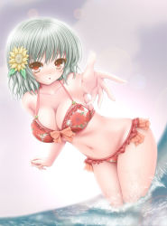 Rule 34 | 1girl, akino irori, beckoning, bikini, bow, breasts, cleavage, collarbone, floral print, flower, foreshortening, frilled bikini, frills, green hair, hair flower, hair ornament, heart, heart-shaped pupils, kazami yuuka, large breasts, looking at viewer, ocean, outstretched arm, outstretched hand, partially submerged, red bikini, red eyes, solo, swimsuit, symbol-shaped pupils, touhou, water
