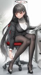 Rule 34 | 1girl, black footwear, black hair, black jacket, black pantyhose, black skirt, blue archive, blunt bangs, blush, breasts, chair, full body, gijang, hair ornament, halo, high heels, highres, jacket, large breasts, long hair, long sleeves, pantyhose, parted lips, red eyes, rio (blue archive), sitting, skirt, solo, sweater, thighs, torn clothes, torn pantyhose, white sweater