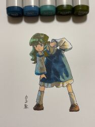 Rule 34 | 1girl, ankle socks, art tools in frame, blue eyes, blue skirt, brown footwear, closed mouth, commentary request, detached sleeves, frilled skirt, frills, frog hair ornament, full body, green hair, hair ornament, hand on own hip, hand on own knee, highres, kochiya sanae, leaning forward, loafers, long hair, looking ahead, marker, marker (medium), medium skirt, photo (medium), shiratama (hockey), shirt, shoes, signature, skirt, snake hair ornament, socks, solo, standing, touhou, traditional media, white shirt, white socks, wide sleeves