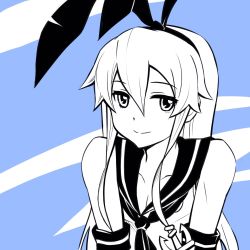 Rule 34 | 1girl, anchor hair ornament, animal ears, blue background, rabbit ears, commentary request, elbow gloves, fake animal ears, gloves, hair between eyes, hair ornament, hairband, highres, inoue kousei, kantai collection, long hair, looking at viewer, monochrome, sailor collar, sailor shirt, shimakaze (kancolle), shirt, sidelocks, sleeveless, sleeveless shirt, smile, solo, upper body