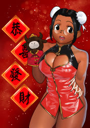 Rule 34 | 1girl, alternate hairstyle, arung samudra (cessa), bespectacled, black eyes, black hair, breasts, bun cover, cessa, china dress, chinese clothes, chinese new year, cleavage, cleavage cutout, clothing cutout, commentary, cross-laced clothes, dark-skinned female, dark skin, double bun, dress, english commentary, glasses, hair bun, hand puppet, heart cutout, large breasts, legs together, looking at viewer, microdress, new year, ombok diving and delivery services, open mouth, puppet, red dress, revealing clothes, rimless eyewear, round eyewear, short hair, solo, standing, thick thighs, thighs, toned, very dark skin