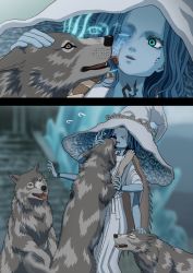 Rule 34 | &gt; &lt;, 1girl, absurdres, animal, blue eyes, blue hair, blue skin, cape, cloak, colored skin, cracked skin, dress, elden ring, extra arms, extra faces, fur cape, fur cloak, hat, hat ornament, highres, iota tou, joints, large hat, licking, long hair, one eye closed, ranni the witch, robe, solo, white dress, witch, witch hat, wolf