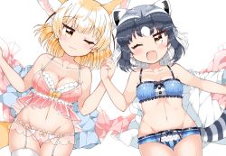 Rule 34 | 10s, 2girls, ;3, animal ears, arato asato, bare arms, barefoot, blonde hair, blush, bow, bow bra, bow panties, bra, breasts, cleavage, closed mouth, collarbone, common raccoon (kemono friends), cowboy shot, extra ears, fang, fennec (kemono friends), fox ears, fox tail, grey hair, groin, hands up, highres, holding hands, interlocked fingers, kemono friends, lingerie, looking at viewer, lying, medium breasts, multicolored hair, multiple girls, navel, on back, one eye closed, open mouth, panties, plaid, plaid panties, raccoon ears, raccoon tail, smile, stomach, striped tail, tail, thigh strap, thighhighs, two-tone hair, underwear, underwear only, upper body, white hair