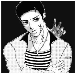Rule 34 | 1boy, black background, blood, blood on face, blood on hands, cigarette, crossed arms, greyscale, haru (world of horror), highres, jacket, jewelry, looking at viewer, male focus, monochrome, necklace, pixel art, reaching towards another, shirt, short hair, smile, solo, striped clothes, striped shirt, uoxe1g, world of horror