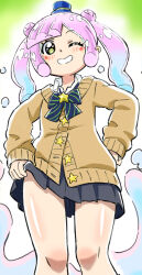 1girl black_skirt blue_hair bow bowtie brown_cardigan cardigan clothes_lift collared_shirt commentary_request double_bun gradient_hair green_eyes grin gyaru hair_bun hand_on_own_hip hat highres komagoma long_hair long_sleeves looking_at_viewer mini_hat mini_top_hat monster_girl multicolored_hair official_alternate_costume open_mouth pink_hair pleated_skirt puniru_(puniru_wa_kawaii_slime) puniru_wa_kawaii_slime school_uniform shirt skirt skirt_lift slime_girl smile solo top_hat white_shirt