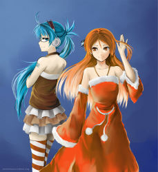 Rule 34 | 2girls, alternate hairstyle, animemusicvideos.org, aqua eyes, aqua hair, back-to-back, bare shoulders, bespectacled, christmas, crossed arms, detached sleeves, dress, glasses, hair flip, hatsune miku, headphones, highres, long hair, mascot, multiple girls, orange eyes, orange hair, org-tan (2008), org-tan (2009), pas (paxiti), personification, ponytail, semi-rimless eyewear, smile, striped clothes, striped legwear, striped thighhighs, tattoo, thighhighs, vocaloid