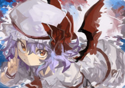 Rule 34 | 1girl, :/, absurdres, ascot, bat wings, bow, commentary, dress, finger to cheek, hat, hat bow, highres, kaamin (mariarose753), looking at viewer, making-of available, medium hair, mob cap, purple hair, red ascot, red bow, red wings, remilia scarlet, short sleeves, solo, touhou, wavy hair, white dress, white hat, wings, wristband, yellow eyes