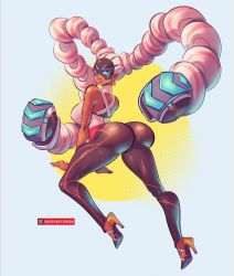 Rule 34 | 1girl, absurdres, arms (game), ass, blue eyes, bracelet, breasts, dark skin, dark-skinned female, domino mask, drill hair, earrings, full body, highres, huge ass, jewelry, large breasts, long hair, looking back, mask, pants, pink hair, prehensile hair, skin tight, sleeveless, sleeveless turtleneck, smile, solo, supersatanson, thighs, turtleneck, twin drills, twintails, twintelle (arms), very dark skin, very long hair