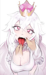 Rule 34 | 1girl, breasts, cleavage, crown, dress, facing viewer, finger in another&#039;s mouth, highres, kid (artist), long hair, luigi&#039;s mansion, male hand, mario (series), nintendo, princess king boo, saliva, super crown, tearing up, tongue, tongue out, very long hair, white dress