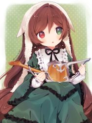 Rule 34 | 1girl, bad id, bad pixiv id, brown hair, gothic lolita, green eyes, halftone, halftone background, heterochromia, lace, lolita fashion, long hair, natsumi (natumi06), open mouth, red eyes, rozen maiden, sitting, solo, suiseiseki, watering can