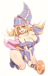 Rule 34 | 1girl, :d, ankle boots, arm up, bad id, bad pixiv id, bare shoulders, blonde hair, blue footwear, blush stickers, boots, breasts, carcass (artist), cleavage, collarbone, dark magician girl, duel monster, hair between eyes, hat, highres, large breasts, long hair, looking at viewer, open mouth, pelvic curtain, salute, simple background, smile, solo, staff, thick thighs, thighs, wand, white background, wizard hat, yu-gi-oh!