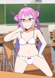 Rule 34 | 1girl, absurdres, ahoge, bandaid, bandaid on face, belly, blurry, blurry background, blush, blush stickers, bra, breasts, chair, classroom, commission, hand on own hip, heterochromia, highres, idol corp, multicolored hair, navel, panties, pink eyes, pink hair, purple eyes, ribbon, riro ron, school, small breasts, star (symbol), table, twintails, underwear, underwear only, virtual youtuber, white bra, white panties