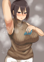 Rule 34 | 1girl, arm up, armpits, blush, breasts, brown hair, dripping, grey background, hair between eyes, highres, huge breasts, knit sweater, large breasts, mole, nervous sweating, open mouth, orange eyes, original, short hair, simple background, sleeveless, soixhu, steam, steaming body, sweat, sweaty clothes, turtleneck, very sweaty