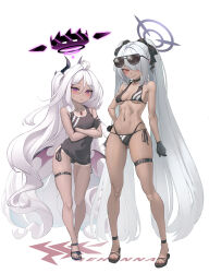 Rule 34 | 2girls, absurdres, b-pang, bikini, black bikini, black footwear, black gloves, black horns, black one-piece swimsuit, blue archive, breasts, crossed arms, eyewear on head, full body, gloves, grey hair, hair between eyes, hair over one eye, halo, hand on own hip, height difference, highres, hina (blue archive), hina (swimsuit) (blue archive), horns, iori (blue archive), iori (swimsuit) (blue archive), long hair, looking at viewer, medium breasts, multi-strapped bikini bottom, multiple girls, official alternate costume, one-piece swimsuit, red eyes, sandals, simple background, small breasts, standing, sunglasses, swimsuit, thighhighs, twintails, very long hair, white background, white hair