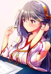 Rule 34 | 1girl, adjusting hair, aiguillette, bare shoulders, bespectacled, blush, breasts, brown eyes, collarbone, commentary request, detached sleeves, glasses, grey hair, hair ornament, hairband, hairclip, haruna (kancolle), headgear, highres, holding, holding pen, japanese clothes, kantai collection, large breasts, long hair, nontraditional miko, parted lips, pen, remodel (kantai collection), sidelocks, sitting, swept bangs, tsukui kachou, wide sleeves
