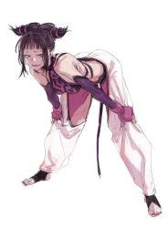 Rule 34 | 1girl, absurdres, armpit crease, bare bush, bent over, brown hair, detached sleeves, fingerless gloves, gloves, grey background, han juri, hands on own knees, highres, ikuhana niiro, long hair, looking at viewer, nail polish, open mouth, pink eyes, pink gloves, pink nails, simple background, sketch, solo, street fighter, teeth, toenail polish, toenails, upper teeth only, white background