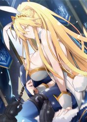 Rule 34 | 1boy, 1girl, agravain (fate), ahoge, animal ears, artoria pendragon (all), artoria pendragon (fate), artoria pendragon (swimsuit ruler) (fate), ass, bare shoulders, blonde hair, blue pantyhose, braid, breasts, chain, cleavage, closed mouth, detached collar, fake animal ears, fate/grand order, fate (series), feather boa, fishnet pantyhose, fishnets, french braid, gauntlets, green eyes, hair between eyes, highleg, highleg leotard, highres, holster, knee to chest, knee up, large breasts, leotard, light smile, long hair, looking at viewer, nogi (acclima), out of frame, pantyhose, playboy bunny, ponytail, rabbit ears, sidelocks, sitting, thigh strap, thighs, tiara, unaligned breasts, white leotard, wrist cuffs