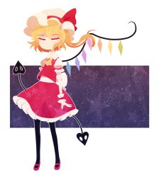 Rule 34 | 1girl, ascot, black pantyhose, blonde hair, closed eyes, crystal, cuffs, dress, flandre scarlet, frilled skirt, frills, full body, hat, mary janes, pantyhose, phantasmic, ribbon, shoes, side ponytail, skirt, sky, solo, star (sky), star (symbol), thighhighs, touhou, transparent background, wings, wrist cuffs
