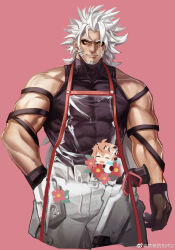 Rule 34 | 2boys, absurdres, alchemy stars, alternate costume, anjingkuxiao, apron, bara, bare shoulders, beard, character request, chibi, chibi inset, covered abs, cropped torso, eyeshadow, facial hair, highres, large pectorals, long hair, makeup, male focus, multiple boys, muscular, muscular male, pants, pectorals, pink background, see-through, shirt, short hair, smile, taut clothes, taut shirt, thick eyebrows, white hair, white pants