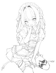Rule 34 | 1girl, apron, chest harness, clothing cutout, collared dress, commentary, dress, frilled apron, frills, greyscale, hand up, harness, hatching (texture), heart, heart cutout, heart o-ring, heart tattoo, highres, leg tattoo, lineart, long hair, maid, maid apron, maid headdress, makaino ririmu, monochrome, nijisanji, parted lips, pointy ears, puffy short sleeves, puffy sleeves, short sleeves, simple background, sitting, sketch, smile, solo, sunege (hp0715), symbol-only commentary, tattoo, thigh strap, twintails, virtual youtuber, white apron, white background