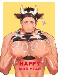 Rule 34 | 1boy, 2021, abs, animal ears, animal print, bara, bare pectorals, brown hair, chest hair, chest harness, chinese zodiac, cow boy, cow ears, cow horns, cow print, earrings, eyebrow cut, facial hair, fake animal ears, fake horns, goatee, grabbing, happy new year, harness, highres, horns, jewelry, lactation, large pectorals, leather, male focus, male lactation, mature male, muscular, muscular male, navel, navel hair, new year, nipples, original, pectoral focus, pectoral grab, pectorals, scar, scar across eye, scar on face, short hair, sideburns, solo, stomach, suggestive fluid, upper body, year of the ox, zhineart