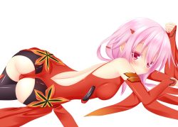 Rule 34 | 10s, 1girl, ass, backless outfit, bare back, bare shoulders, blush, detached sleeves, guilty crown, leotard, long hair, looking back, lying, on side, pink eyes, pink hair, thighhighs, twintails, yoye (pastel white), yuzuriha inori
