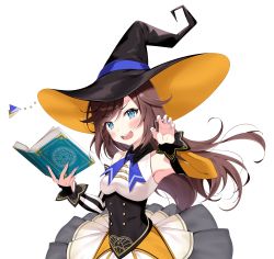 Rule 34 | 1girl, absurdres, aqua eyes, arm up, armpits, black hat, blue eyes, blush, book, breasts, brown hair, character request, copyright request, detached sleeves, dress, gao, halloween, hand up, hat, highres, holding, holding book, long hair, long sleeves, looking at viewer, nail polish, open mouth, orange hat, simple background, small breasts, solo, tatejima uri, teeth, upper teeth only, virtual youtuber, white background, white dress, witch, witch hat