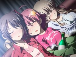 Rule 34 | 3girls, black hair, blonde hair, blush, breasts, drunk, closed eyes, female focus, game cg, isurugi chie, kashiwara sarina, katakura shinji, kira kira, large breasts, long hair, multiple girls, open mouth, pink hair, shiino kirari, short hair, sleeping, smile