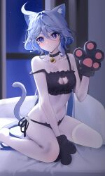 Rule 34 | 1girl, absurdres, ahoge, animal ears, animal hands, bare arms, bare shoulders, black gloves, black panties, blue eyes, blue hair, cat cutout, cat ears, cat lingerie, cat tail, clothing cutout, commentary request, educk, furina (genshin impact), genshin impact, gloves, hair between eyes, hair intakes, hand up, highres, indoors, long hair, meme attire, navel, panties, paw gloves, single thighhigh, sitting, solo, stomach, strap slip, tail, thighhighs, thighs, underwear, underwear only, very long hair, wariza, white thighhighs