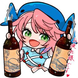 Rule 34 | 1girl, :d, asaka haru123, blue shirt, blush, bottle, chibi, commentary request, cropped torso, dual wielding, expressive clothes, flapping, green eyes, highres, holding, holding bottle, looking at viewer, medium bangs, medium hair, okunoda miyoi, open mouth, pink hair, sake bottle, shirt, simple background, smile, solo, touhou, translation request, twitter username, upper body, whale hat, white background