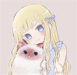 Rule 34 | 1girl, :p, animal, animal focus, ayu (mog), bad id, bad pixiv id, bare shoulders, blonde hair, blue dress, blue eyes, blue ribbon, blush, cat, closed mouth, commentary, dress, english commentary, hair ribbon, head tilt, holding, holding animal, holding cat, long hair, looking at viewer, original, purple background, ribbon, signature, sleeveless, sleeveless dress, smile, solo, tongue, tongue out