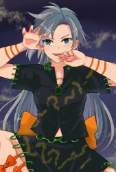 Rule 34 | 1girl, arm ribbon, arm strap, back bow, blue eyes, blue hair, bow, breasts, chain belt, claw pose, commentary request, earrings, green shirt, green skirt, highres, himemushi momoyo, jewelry, leg ribbon, long hair, messy hair, midriff peek, mullet, nail polish, nicoseiga 57470452, open mouth, orange bow, patterned clothing, red nails, ribbon, ring, shin strap, shirt, short sleeves, skirt, skirt set, small breasts, solo, touhou, waist bow