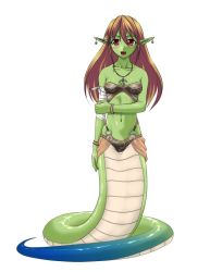 Rule 34 | 1girl, bandages, breasts, colored skin, earrings, fang, female focus, full body, green skin, jewelry, lamia, monster girl, necklace, nme, pointy ears, red eyes, scales, simple background, solo, white background