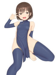 Rule 34 | absurdres, barefoot, blue legwear, breasts, china dress, chinese clothes, dress, feet, highres, open mouth, original, pelvic curtain, sc naru, short hair, simple background, small breasts, thighhighs, toes, v, white background