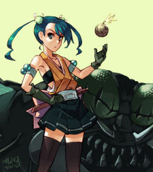 Rule 34 | 1girl, 2013, armband, asymmetrical gloves, black thighhighs, bomb, breasts, dated, explosive, gloves, green eyes, green hair, hair ornament, hand on own hip, hibachi (mushibugyou), highres, japanese clothes, junkpuyo, matching hair/eyes, mismatched gloves, mushibugyou, short sword, skirt, small breasts, solo, strapless, sword, thighhighs, tube top, twintails, weapon, zettai ryouiki