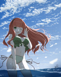 Rule 34 | 1girl, ;d, arm up, bare arms, bare shoulders, bikini, blue sky, blunt bangs, blush, braid, breasts, cloud, day, de ruyter (kancolle), green bikini, green eyes, hairband, kantai collection, large breasts, long hair, looking at viewer, navel, neve (morris-minicooper), ocean, one eye closed, open mouth, outdoors, red hair, side-tie bikini bottom, signature, sky, smile, solo, standing, swimsuit, wading, water