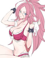Rule 34 | 1girl, ahoge, bikini, breasts, cleavage, closed mouth, collarbone, eyes visible through hair, fate/extra, fate (series), flat color, francis drake (fate), francis drake (pirates party!) (fate), from side, green eyes, lace, lace-trimmed bikini, lace trim, large breasts, long hair, looking at viewer, messy hair, narrow waist, navel, pink bikini, pink hair, ponytail, scar, scar on face, simple background, sitting, smile, solo, swimsuit, very long hair, white background, wrist cuffs, yukitaka (zzzzz)