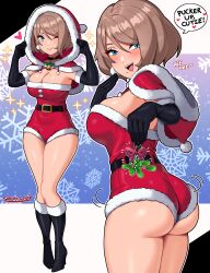 Rule 34 | 1girl, absurdres, ass, ass focus, blue eyes, blush, breasts, brown hair, christmas, cleavage, covered navel, dress, evalynn (sarukaiwolf), from behind, fur-trimmed dress, fur trim, highres, holding, holding mistletoe, huge ass, large breasts, looking at viewer, looking back, mistletoe, mole, open mouth, original, santa capelet, santa dress, santa hood, sarukaiwolf, short hair, smile, solo, thick thighs, thighs, underbutt