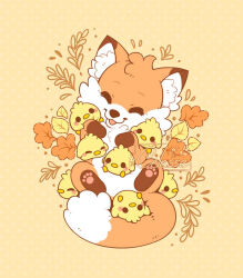 Rule 34 | animal, animal focus, animal hands, autumn leaves, bird, blush stickers, closed eyes, fox, full body, leaf, no humans, open mouth, original, red fur, samantha whitten, simple background, smile, solid circle eyes, yellow background