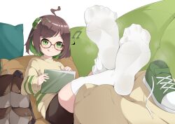 Rule 34 | 1girl, absurdres, brown hair, chashuwu, feet, glasses, green eyes, highres, licking lips, light blush, looking at viewer, medium hair, multicolored hair, shoes, unworn shoes, socks, soles, steam, tongue, tongue out, two-tone hair, white socks