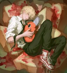 Rule 34 | absurdres, black necktie, black pants, blonde hair, bread slice, chainsaw man, collared shirt, deadprince, denji (chainsaw man), food, highres, jam, looking at another, male focus, necktie, pants, pochita (chainsaw man), sharp teeth, shirt, shoes, short hair, smile, sneakers, spiked hair, teeth, toast, white shirt