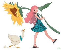 1girl animal anklet bird carrying dress flip-flops floral_print flower goose hong_soon-sang jewelry long_hair looking_back original pink_hair sandals solo sunflower walking white_background