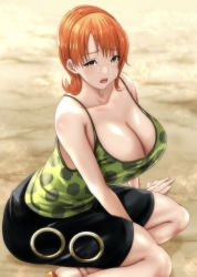 Rule 34 | breasts, breasts out, crying, crying with eyes open, green shirt, high heels, moriton, nami (one piece), one piece, orange eyes, orange hair, shirt, skirt, tears, thick thighs, thighs