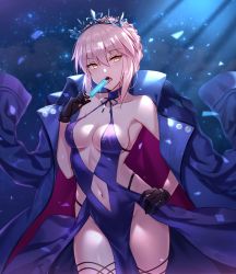 Rule 34 | 1girl, artoria pendragon (alter swimsuit rider) (fate), artoria pendragon (alter swimsuit rider) (third ascension) (fate), artoria pendragon (fate), bare shoulders, black gloves, blonde hair, blue dress, blue jacket, braid, breasts, collarbone, dress, eating, fate/grand order, fate (series), food, french braid, gloves, hair between eyes, halterneck, hand on own hip, heiyan shenshi, highres, hip focus, jacket, looking at viewer, medium breasts, navel, open clothes, open jacket, open mouth, popsicle, sidelocks, solo, thighs, tiara, yellow eyes